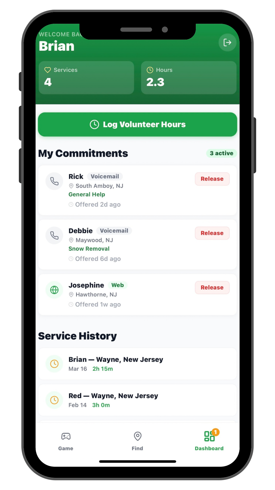 The MOW volunteer app dashboard showing logged hours, completed visits, and service history