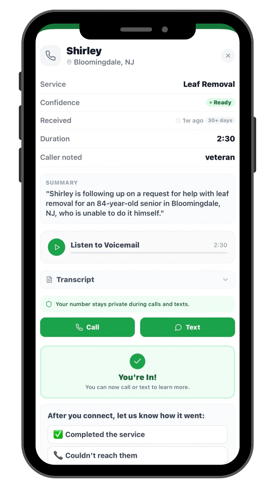 The MOW app coordinating a volunteer and homeowner through a privacy-protected connection, without exchanging personal numbers