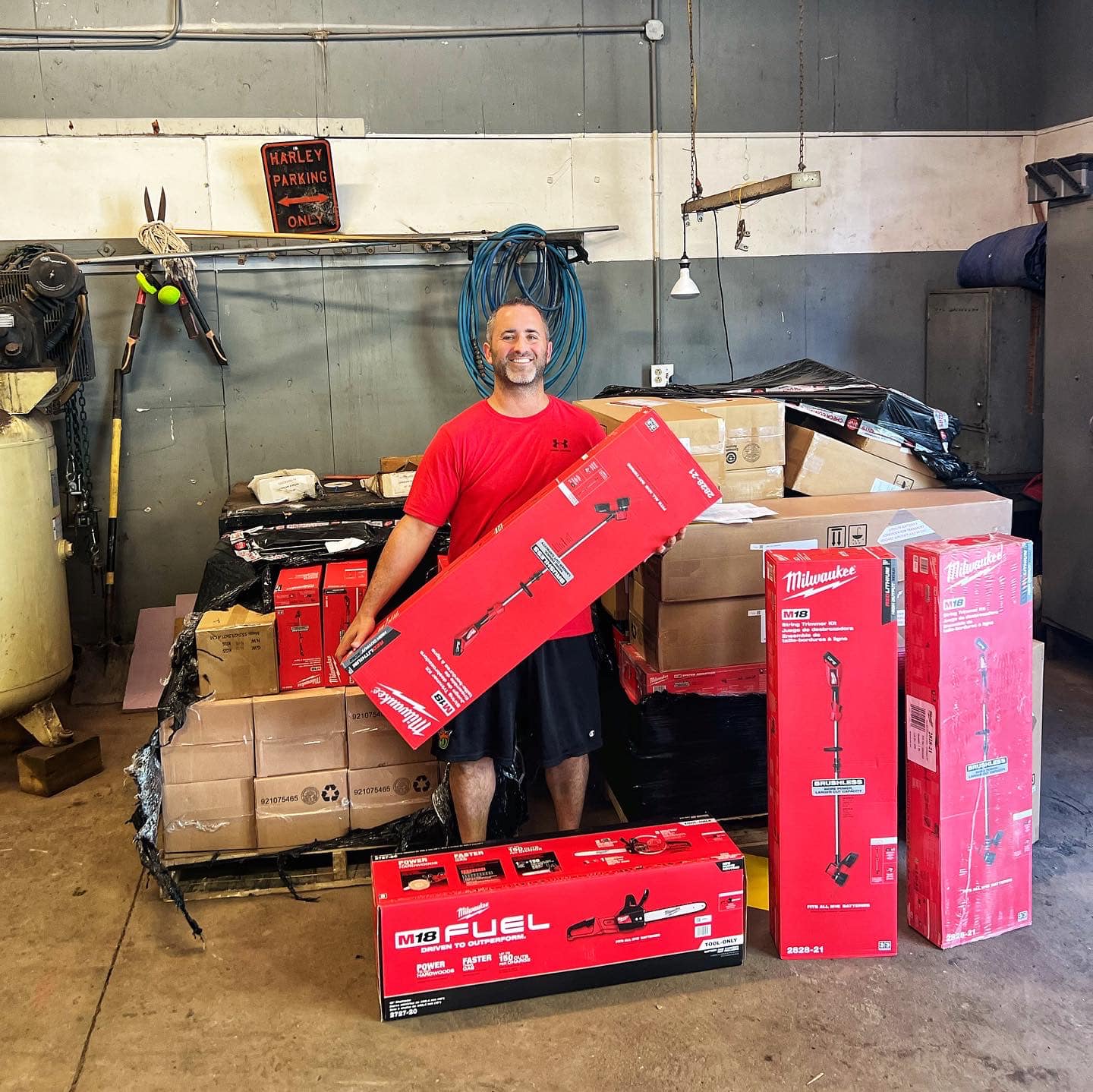 Bulk Milwaukee Tool donation staged for dissemination through I Want To Mow Your Lawn.