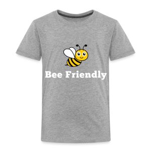 Bee Friendly pollinator design printed on a kids lawn shirt
